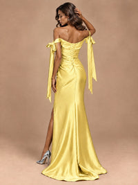 Off The Shuolder Satin Prom Dress Slit Mermaid Formal Gowns