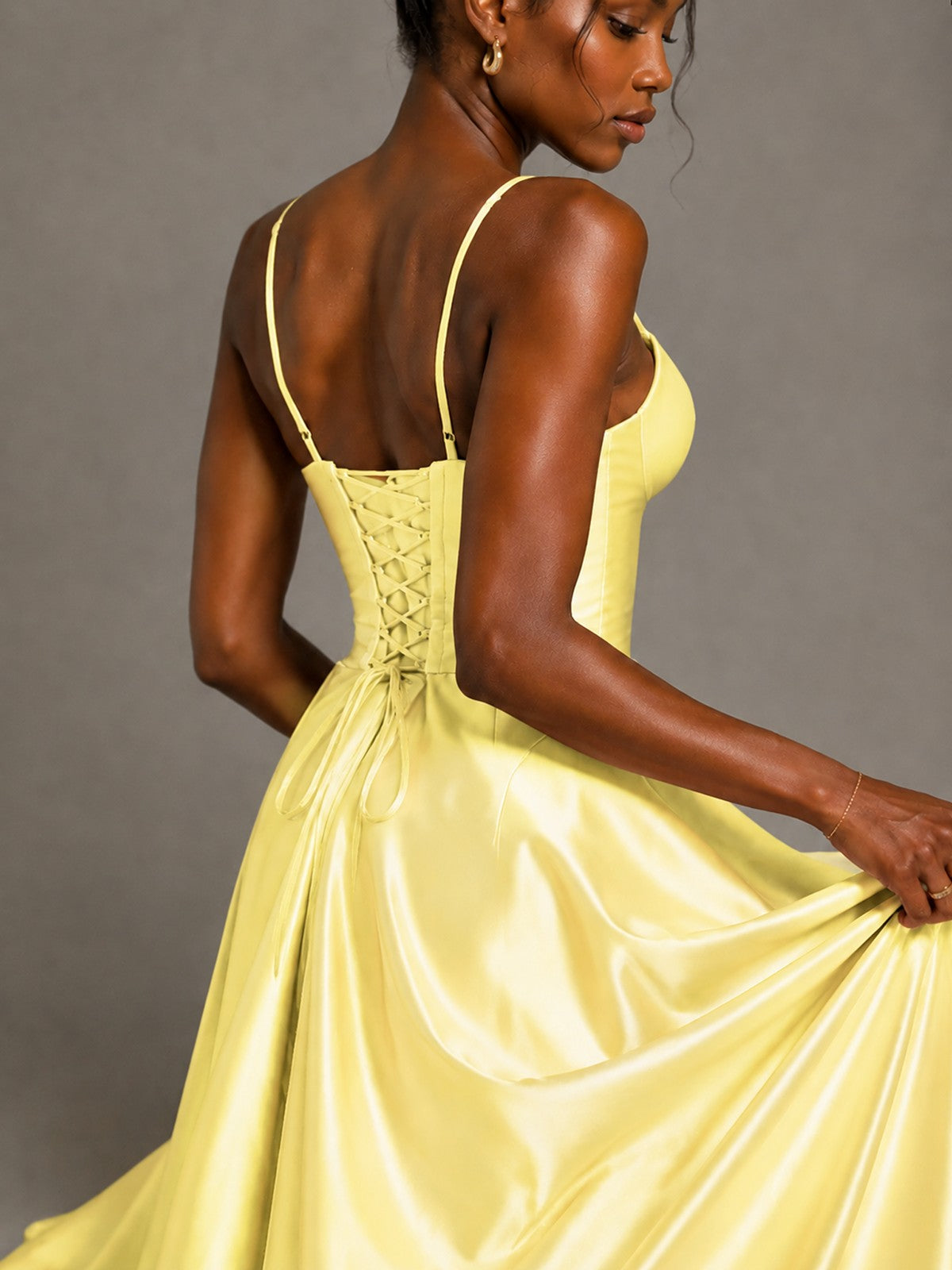 Lavender V Neck Satin Prom Dress with Spaghetti Straps