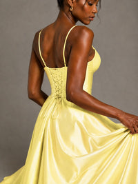 Lavender V Neck Satin Prom Dress with Spaghetti Straps