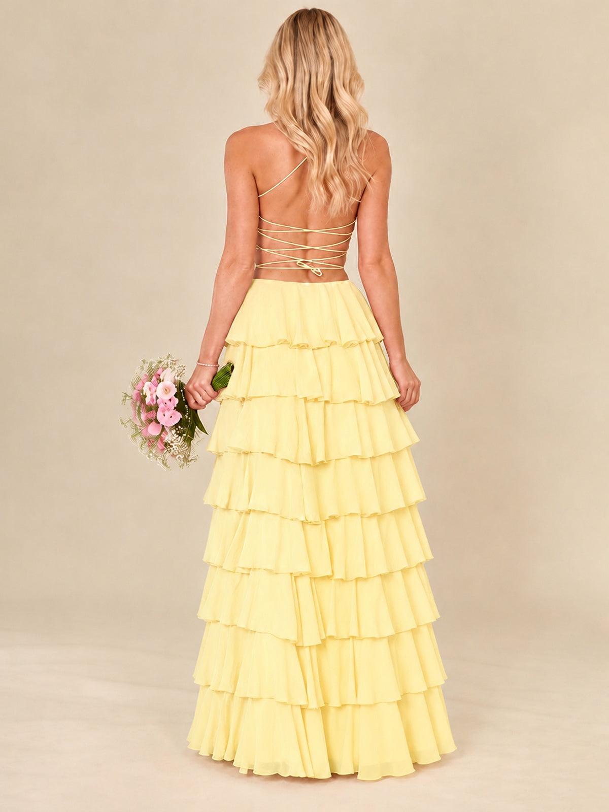 Ruffled Tiered Chiffon Prom Dress Spaghetti Straps Formal Maxi Dress with Slit