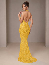Gold Halter Sequin Mermaid Ruched Prom Dress Long Ruched Evening Gown