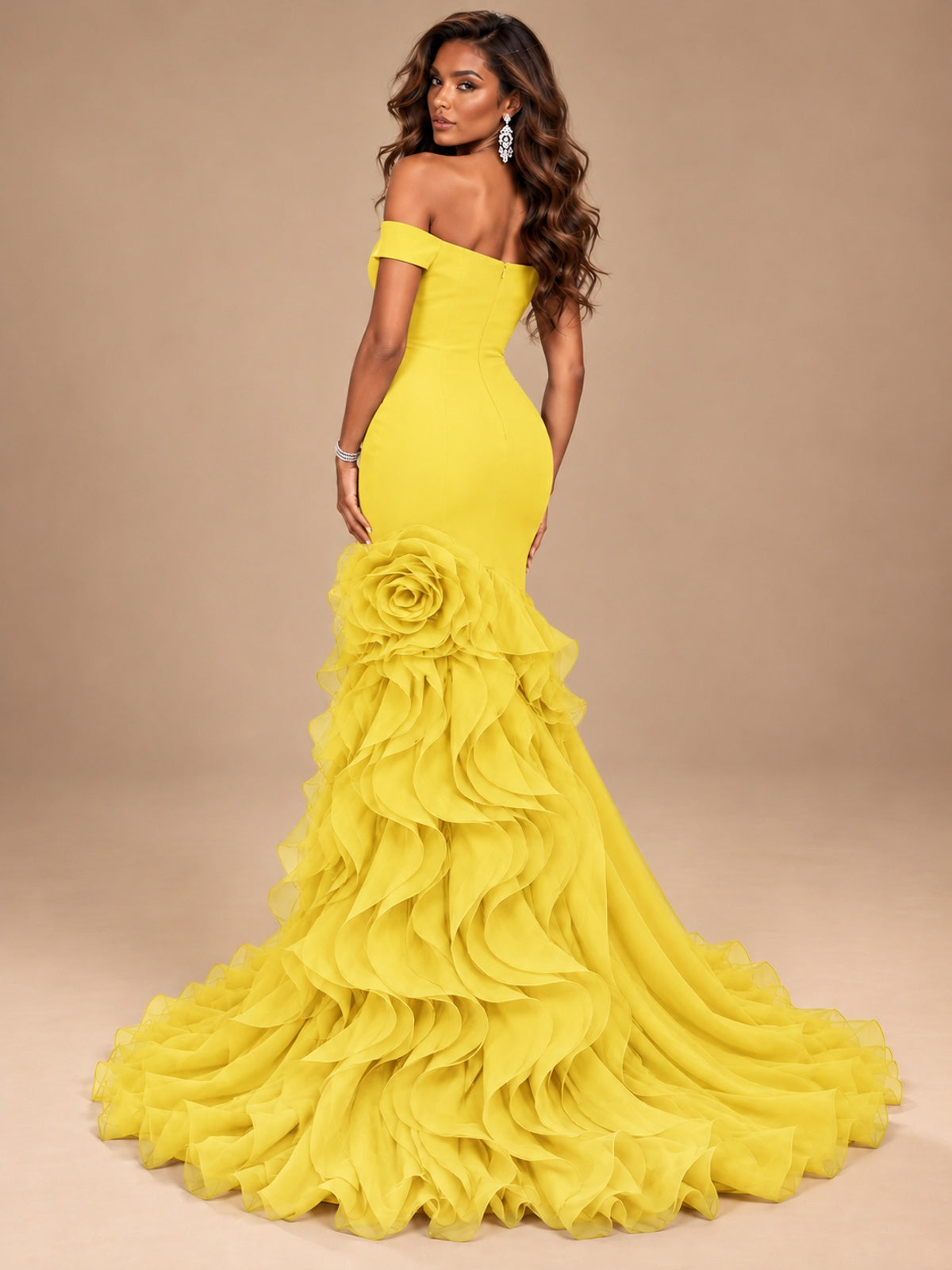 Dusty Blue Off-the-Shoulder Mermaid Prom Dress with 3D Rose & Ruffles
