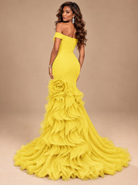 Dusty Blue Off-the-Shoulder Mermaid Prom Dress with 3D Rose & Ruffles