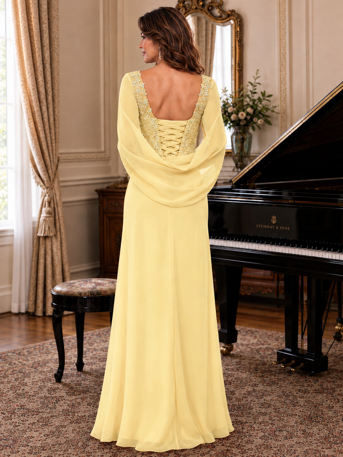 Elegant Applique Chiffon Mother of the Bride Dress with Cape Sleeves