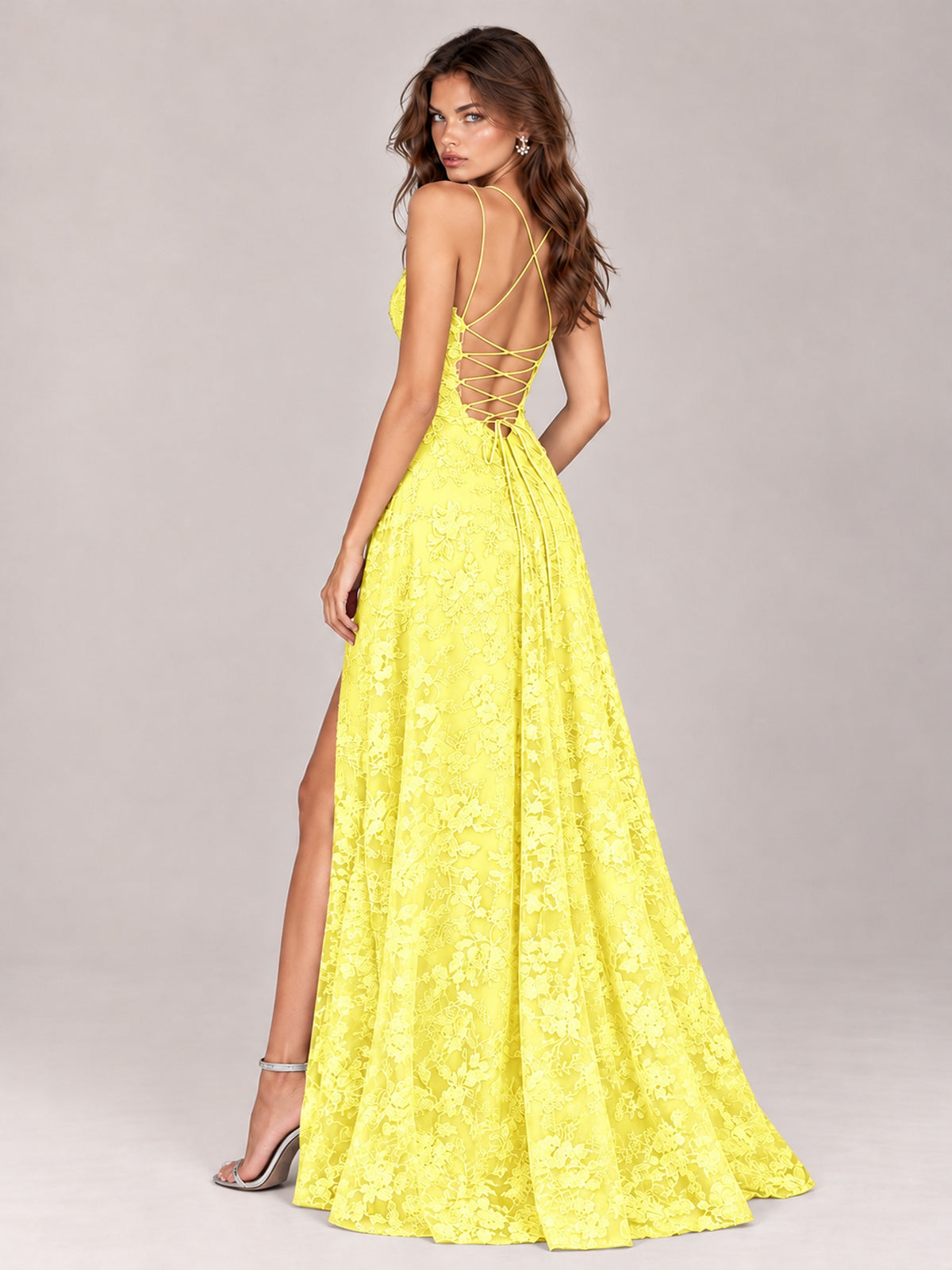 Floral Lace A-Line Prom Dress with Spaghetti Straps & High Slit