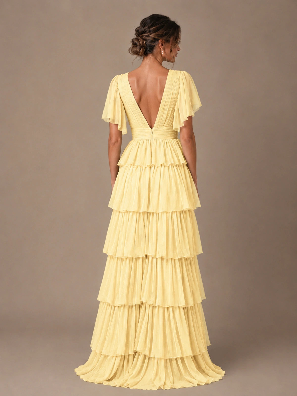 Chiffon V-Neck Tiered Ruffle Bridesmaid Dress with Slit