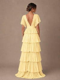 Chiffon V-Neck Tiered Ruffle Bridesmaid Dress with Slit