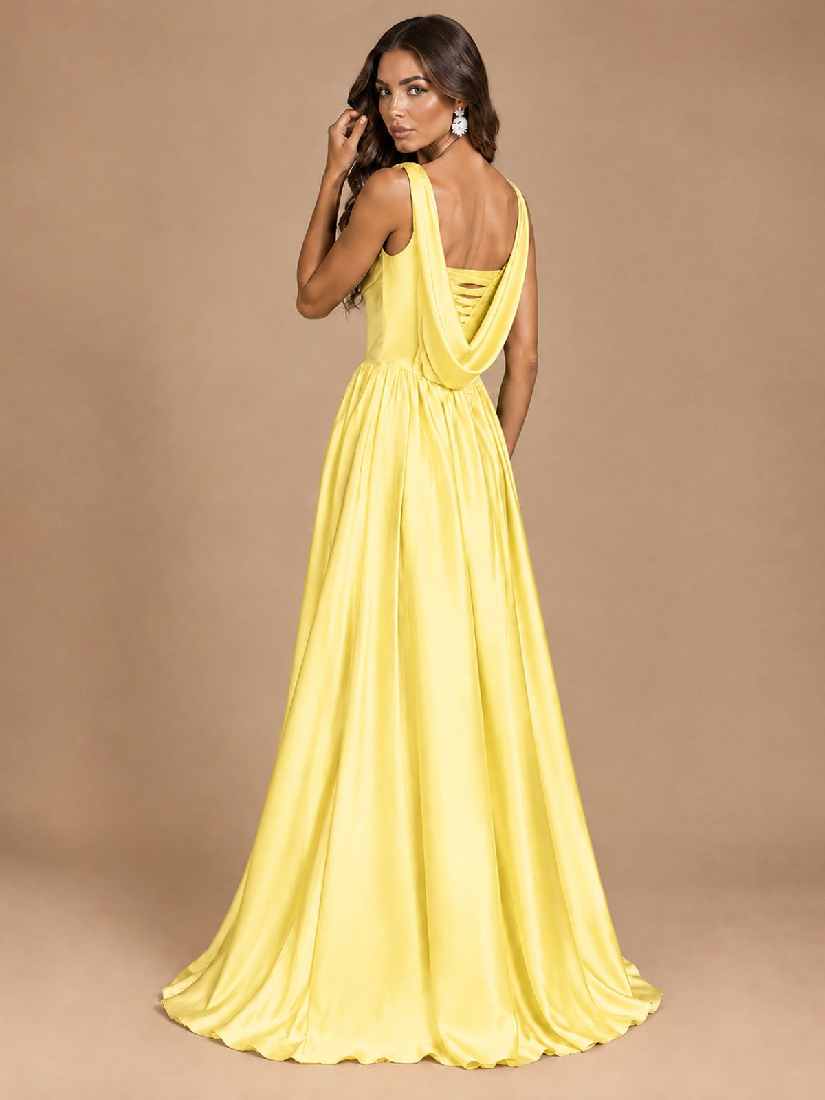 Cowl Neck Pleated Satin Prom Dress with Pockets & Slit Maxi Formal Gowns