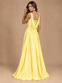 Cowl Neck Pleated Satin Prom Dress with Pockets & Slit Maxi Formal Gowns