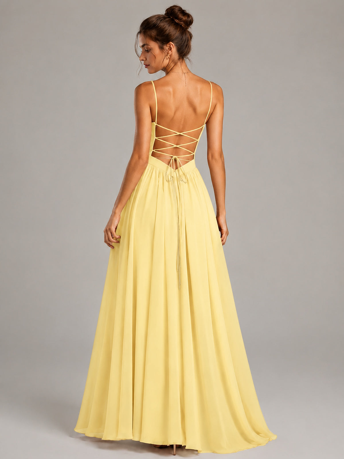 Spaghetti Strap Ruched Chiffon Maxi Dress with Backless
