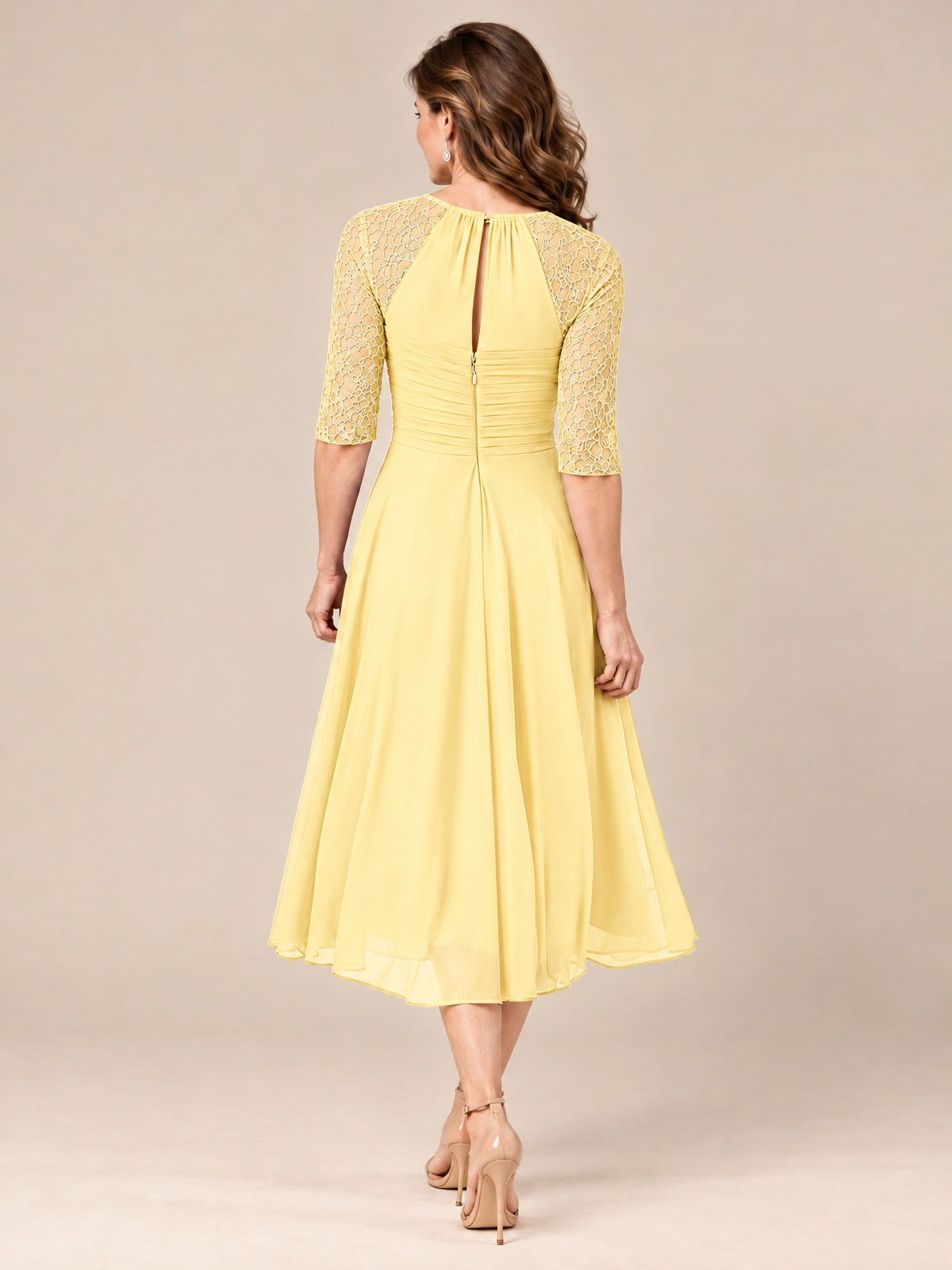 Tea-Length Mother of the Bride Dress with Lace 3/4 Sleeves