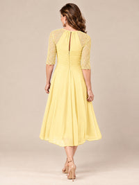 Tea-Length Mother of the Bride Dress with Lace 3/4 Sleeves