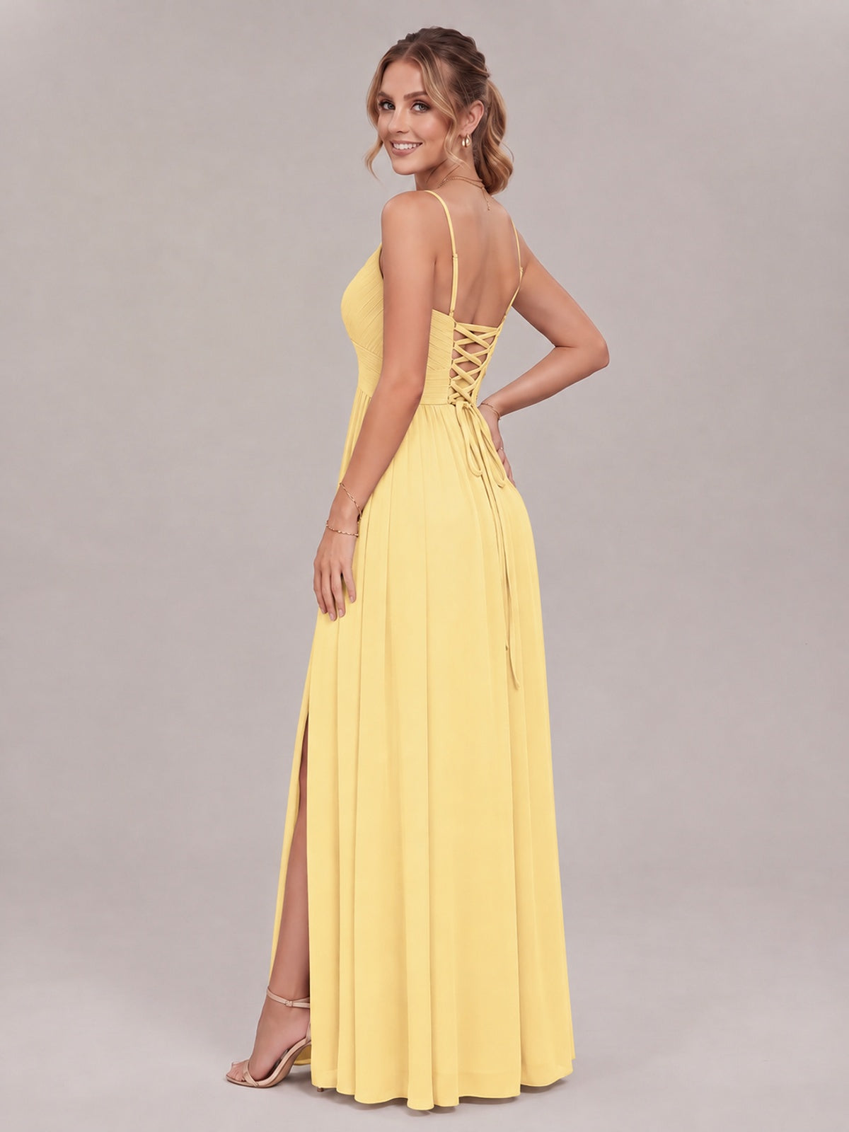 V-Neck Pleated Chiffon Long Bridesmaid Dress with Slit