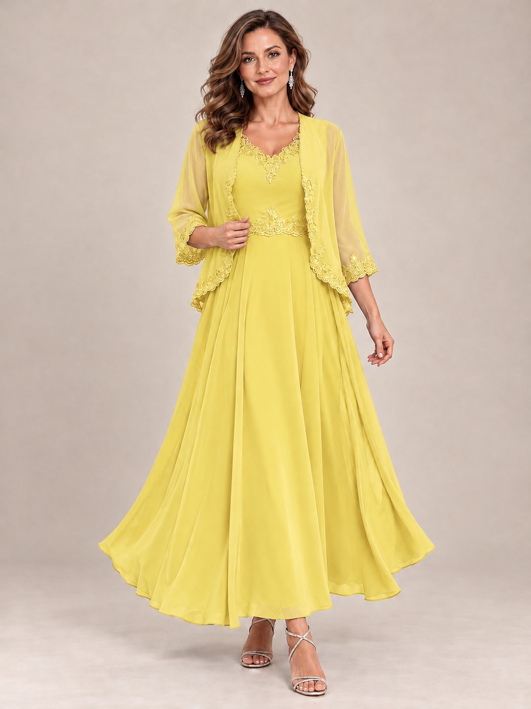 Dusty Blue Floral Lace Chiffon Mother of the Bride Dress with Jacket