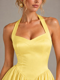 Light Yellow Halter Neck Satin A-Line Maxi Dress with Pockets