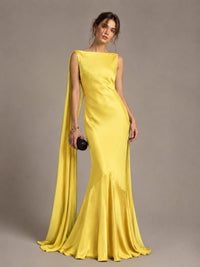 Burgundy Satin Mermaid Cape Maxi Dress