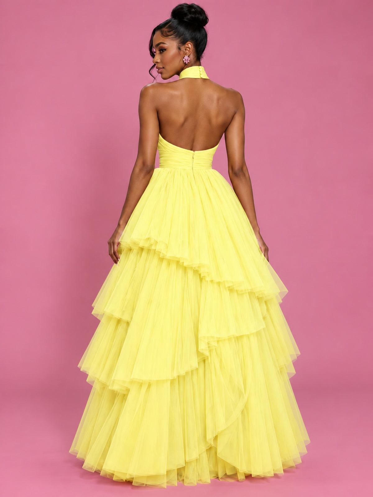 Hot Pink Tulle Halter Neck Tiered Ruffle Maxi Dress