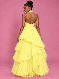 Hot Pink Tulle Halter Neck Tiered Ruffle Maxi Dress