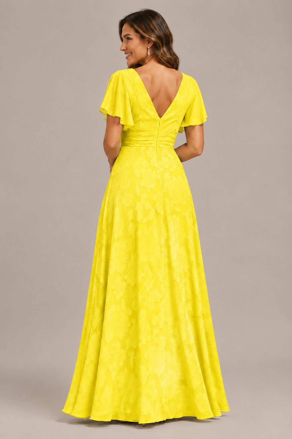 Jovellee Floral Chiffon A-Line Mother of the Bride Dress with Flutter Sleeves