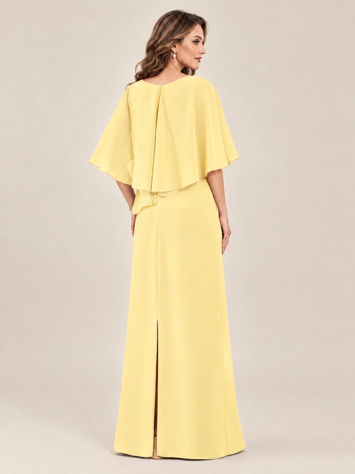 Cape Sleeve Mother of the Bride Dress with Asymmetrical Overlay