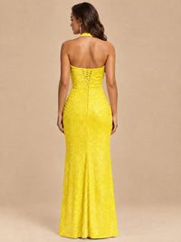 Halter V-Neck Sequin Mermaid Prom Dress with High Slit