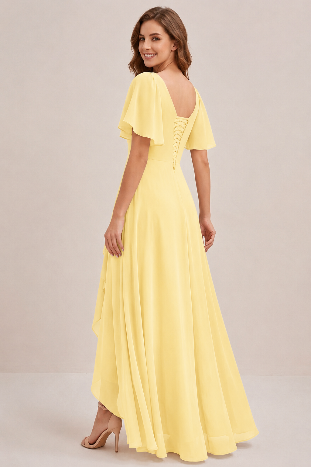 Dusty Blue Chiffon Bridesmaid Dress with Flutter Sleeves & High-Low Hem