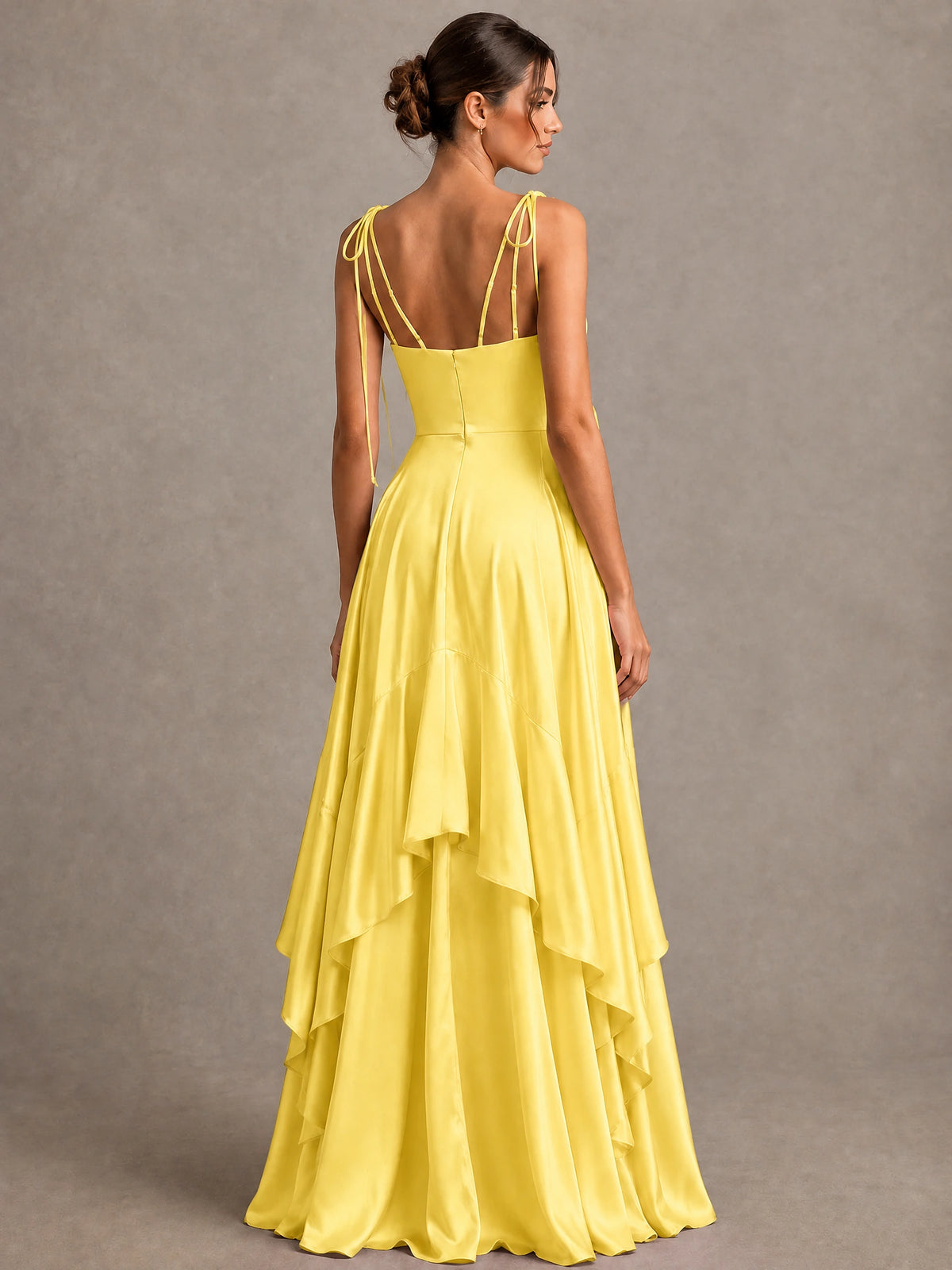 Lavender Satin V-Neck Ruffle Maxi Dress