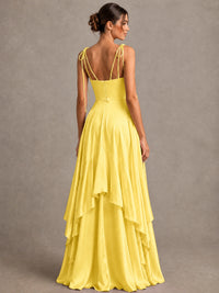Lavender Satin V-Neck Ruffle Maxi Dress