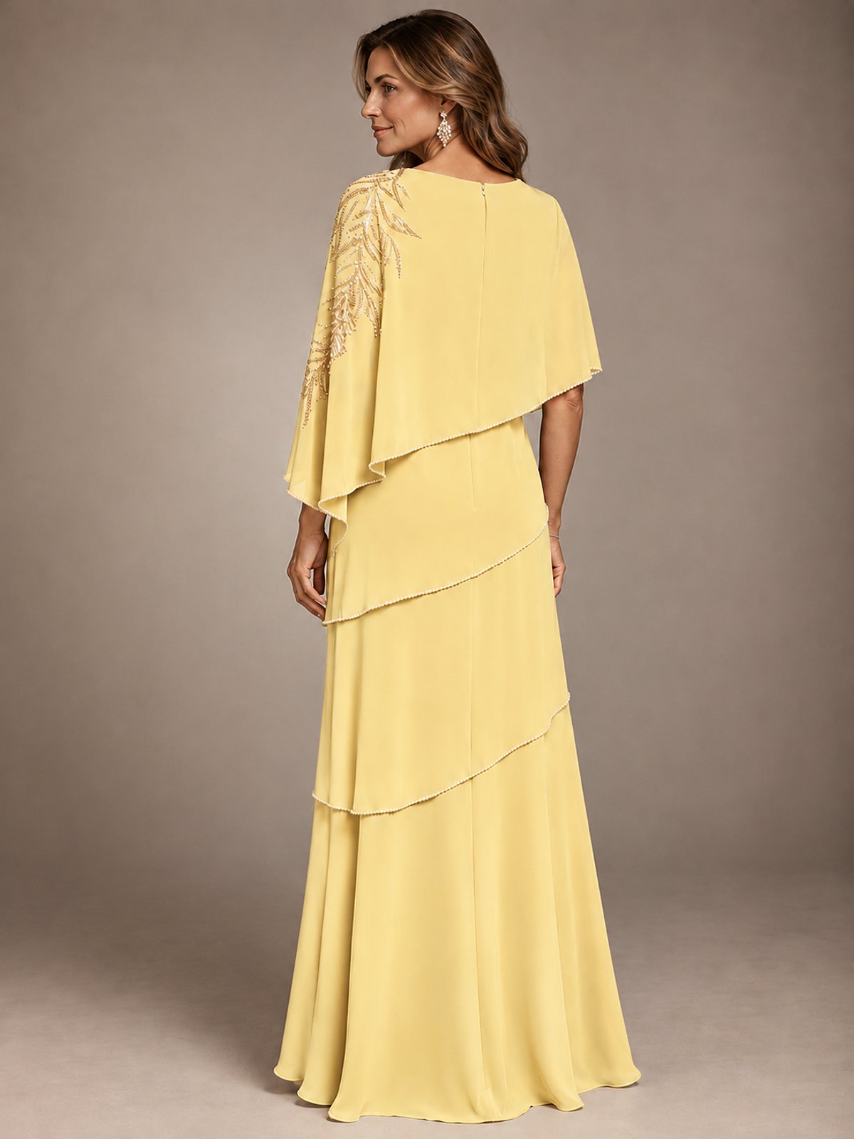 Elegant Chiffon Cape Sleeve Beaded Mother of the Bride Dress
