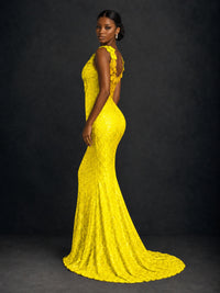 Gold Sequin Floral Applique Mermaid Prom Dress