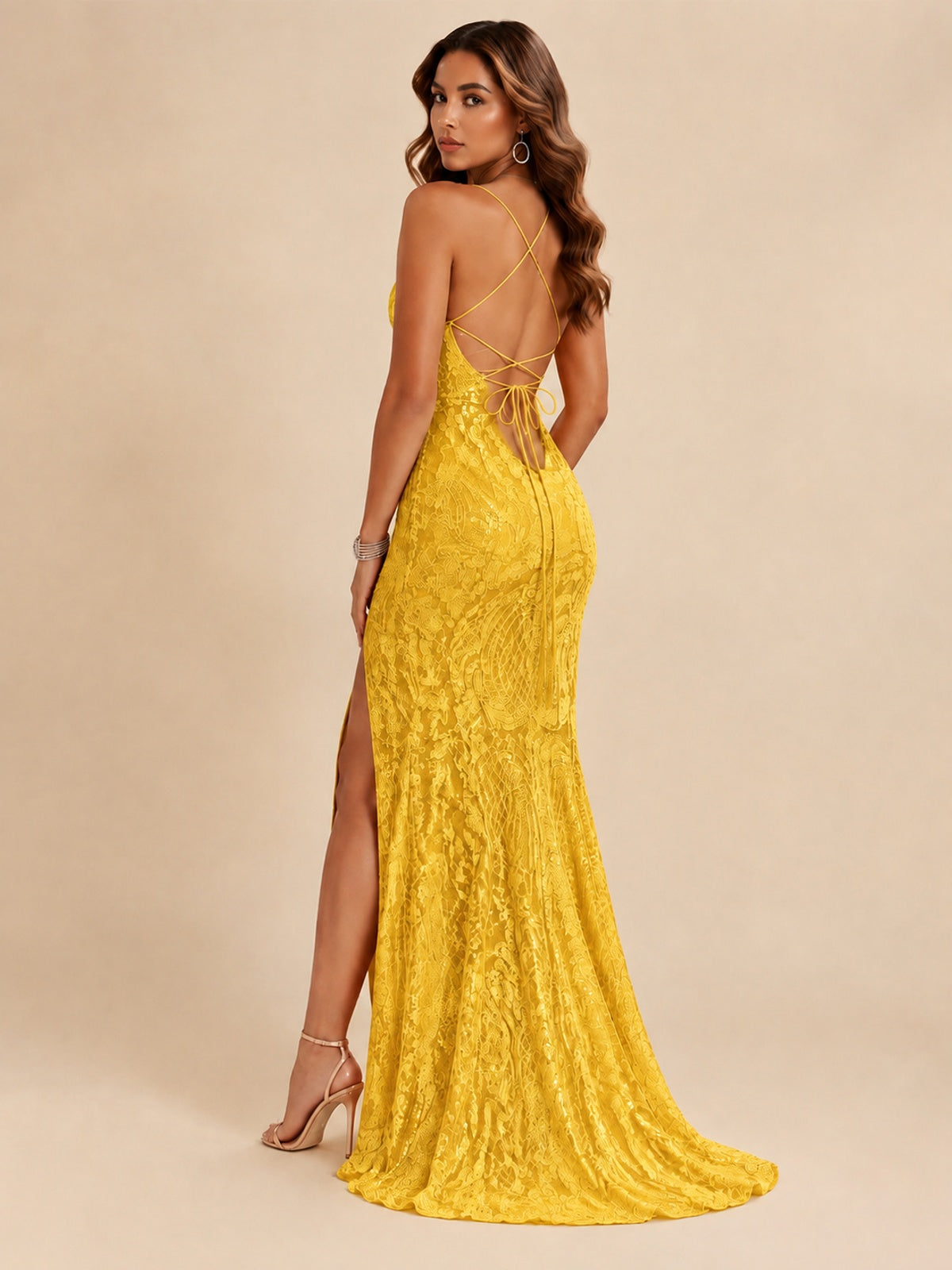 Sequin Lace Appliques Mermaid Prom Dress Spaghetti Strap Formal Gowns with Slit