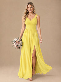 Pleated Chiffon V Neck Wedding Bridesmaid Dresses Floor Length with Slit