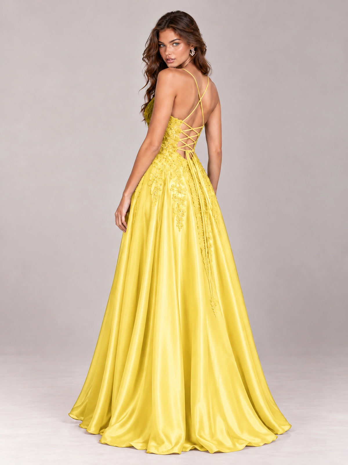 Lace Applique Satin A-Line Prom Dress with Sheer Bodice
