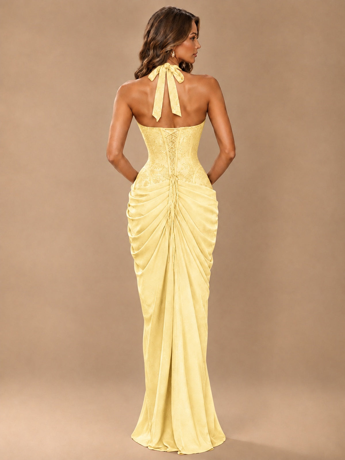 Sweetheart Halter Prom Dress Pleated Lace Floral Formal Dress with Slit