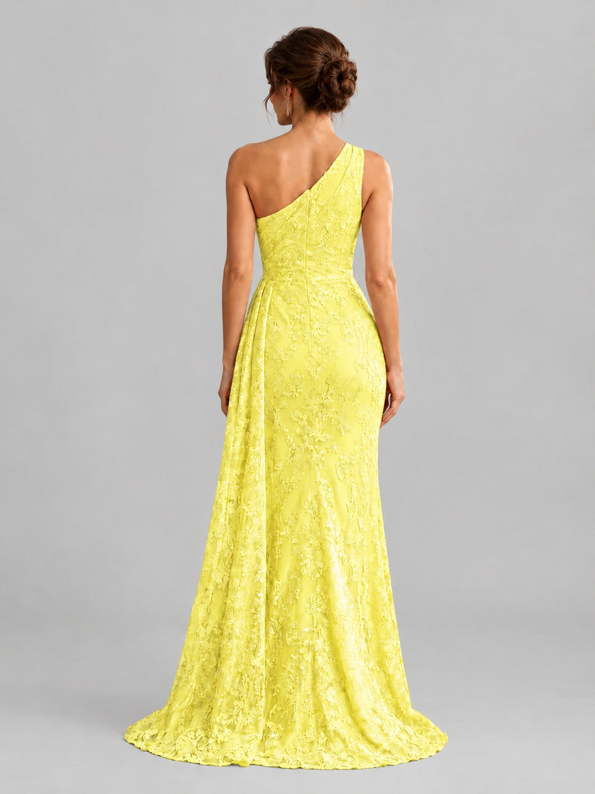 One-Shoulder Ruched Floral Lace Floor-Length Prom Dress