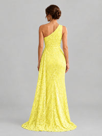 One-Shoulder Ruched Floral Lace Floor-Length Prom Dress