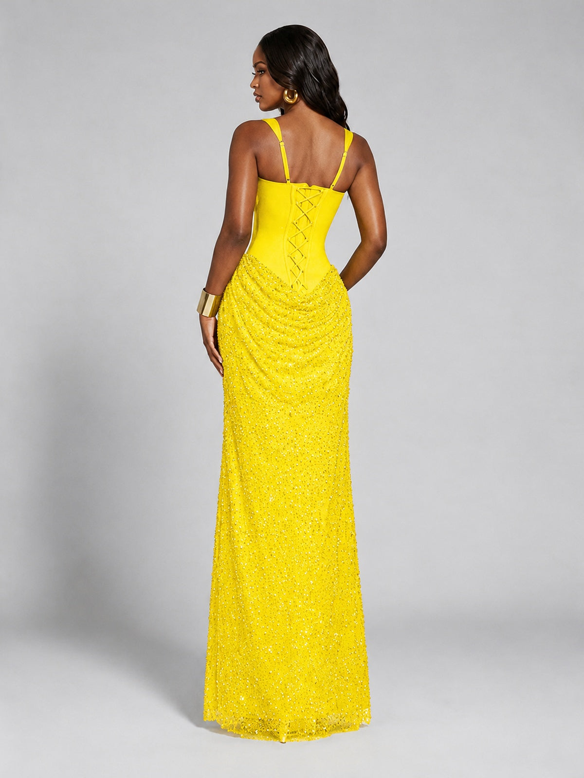 Sequin Corset Mermaid Prom Dress with Square Neck Wide Strap High Slit