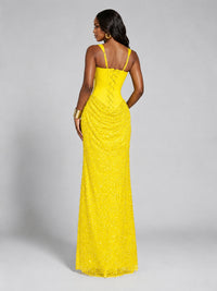 Sequin Corset Mermaid Prom Dress with Square Neck Wide Strap High Slit
