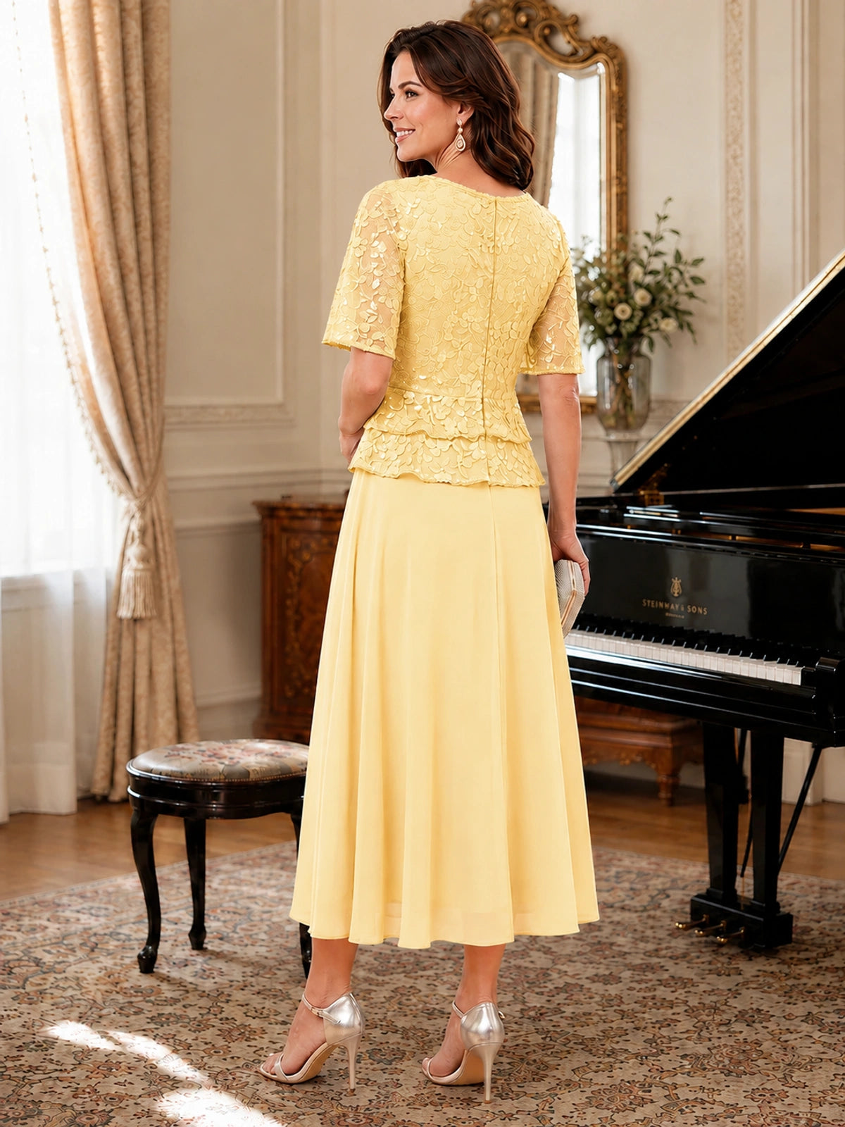 Tea-Length Chiffon Mother of the Bride Dress with Sequin Lace Sleeves