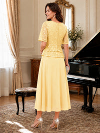 Tea-Length Chiffon Mother of the Bride Dress with Sequin Lace Sleeves