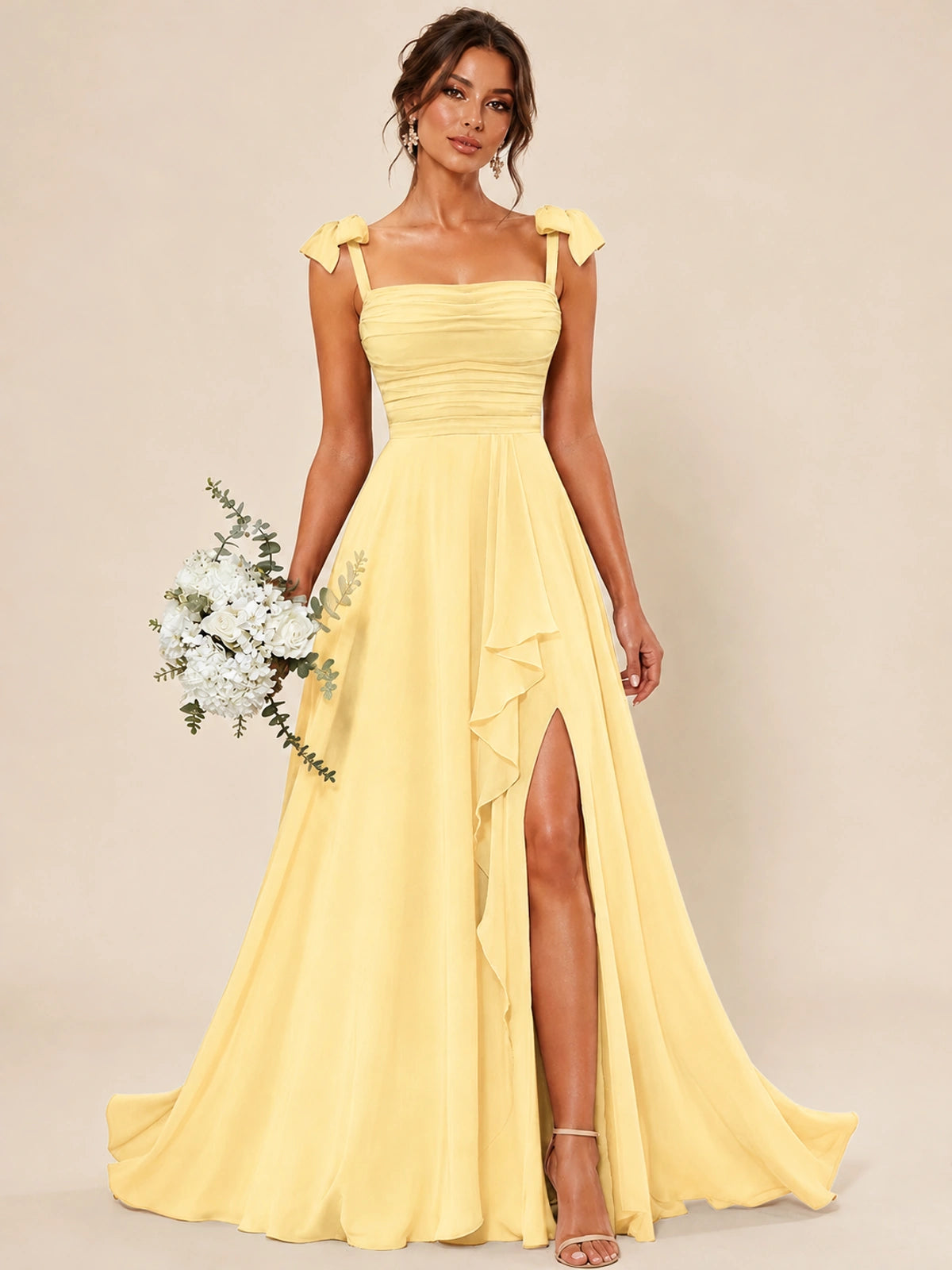 Ruffle Slit Chiffon A Line Scoop Neck Bridesmaid Dresses with Pockets