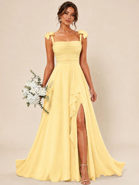 Ruffle Slit Chiffon A Line Scoop Neck Bridesmaid Dresses with Pockets