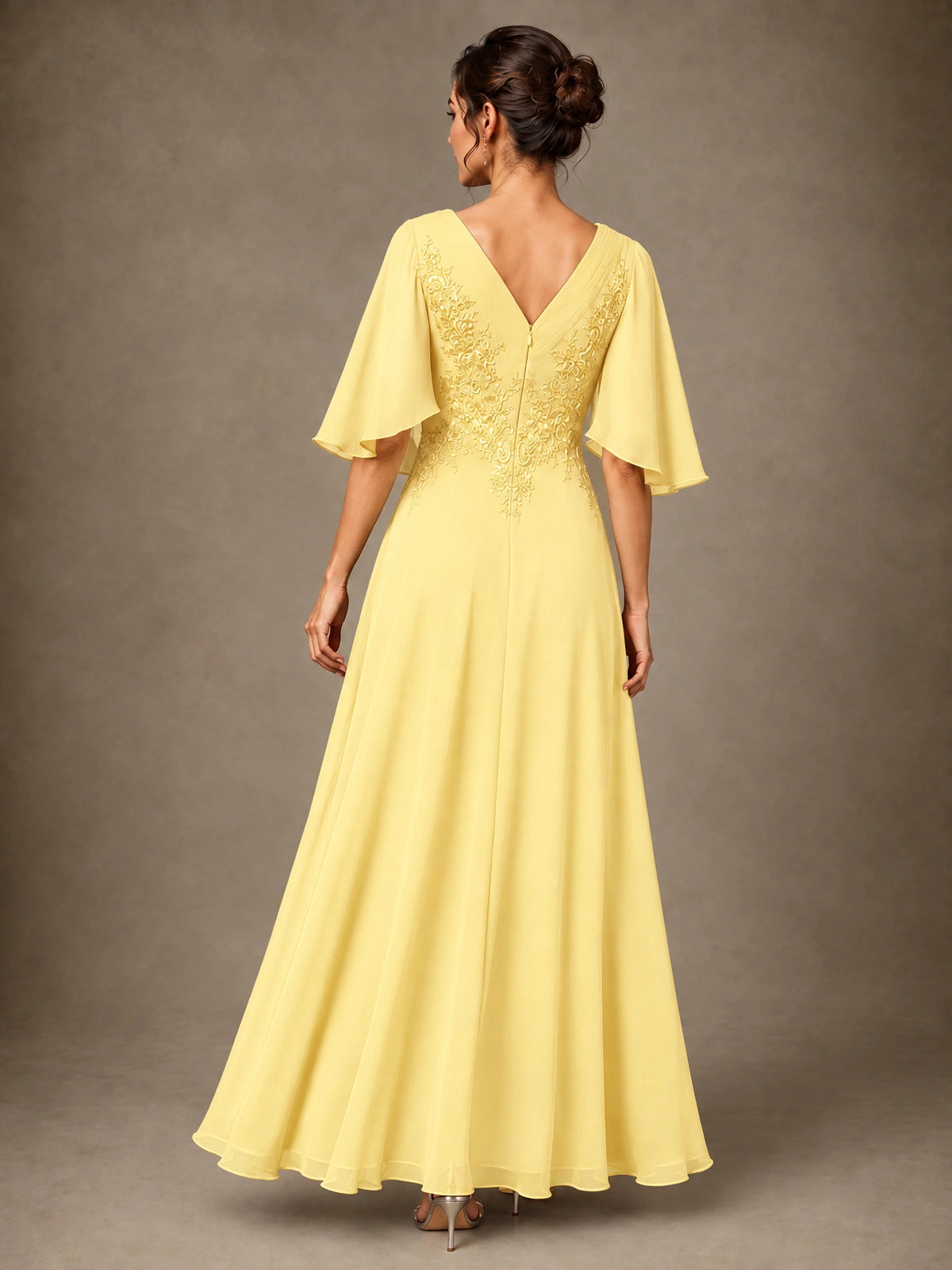 V-Neck Chiffon Lace Mother of the Bride Dress with Flutter Sleeves