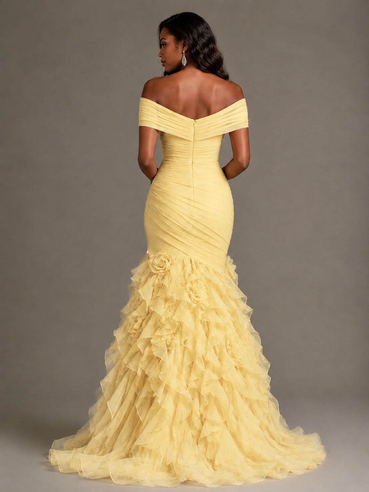 Pink Off-the-Shoulder Mermaid Prom Dress with Ruffles 3D Flowers