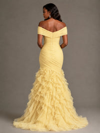 Pink Off-the-Shoulder Mermaid Prom Dress with Ruffles 3D Flowers