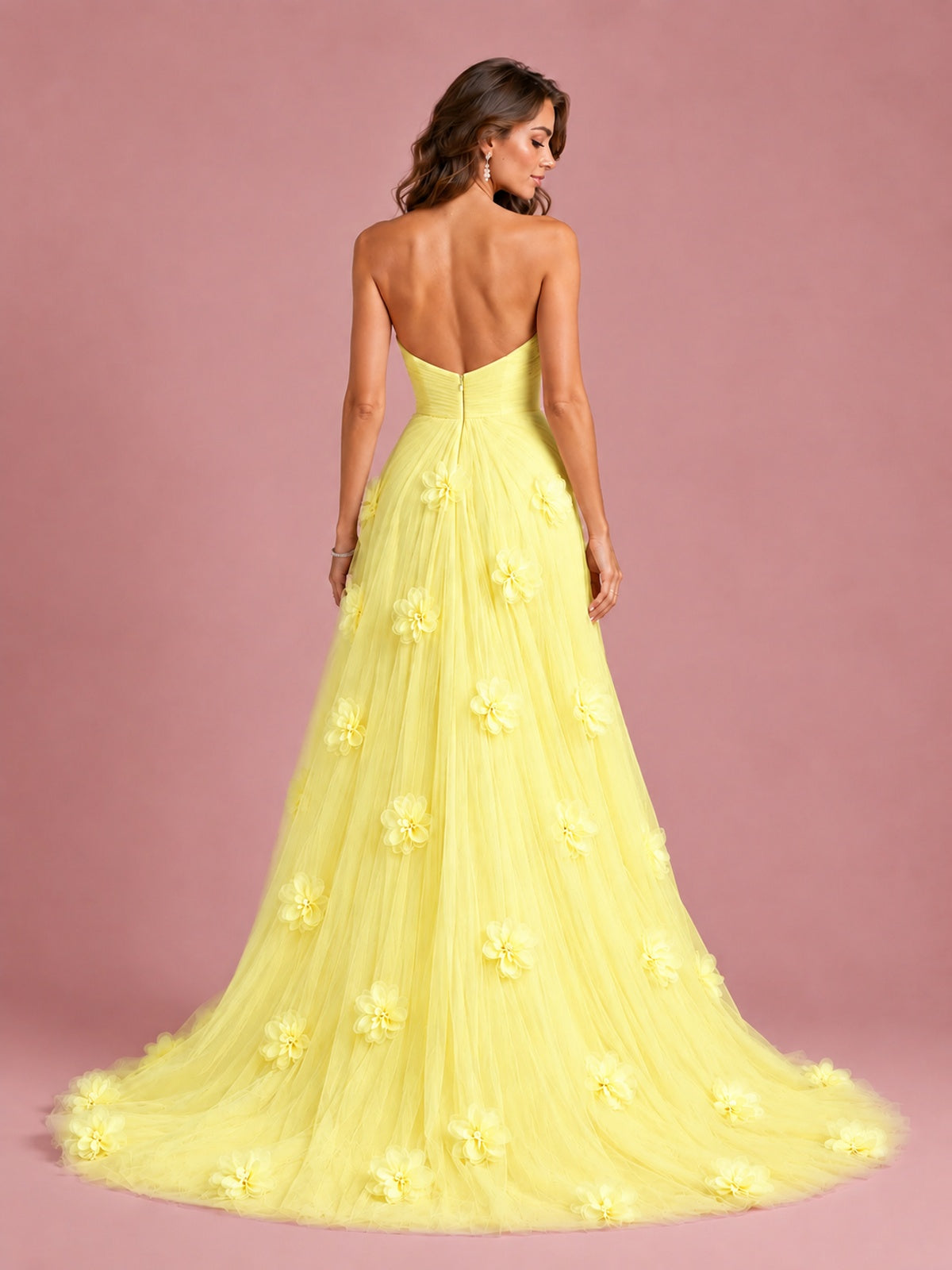 3D Floral Applique Strapless Tulle Prom Dress with High Slit