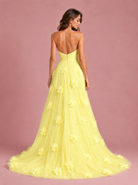 3D Floral Applique Strapless Tulle Prom Dress with High Slit