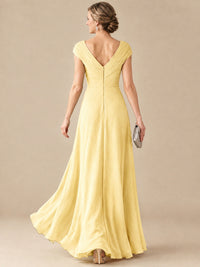 Pleated Chiffon Lace Mother of The Bride Dresses with Beading Cap Sleeves