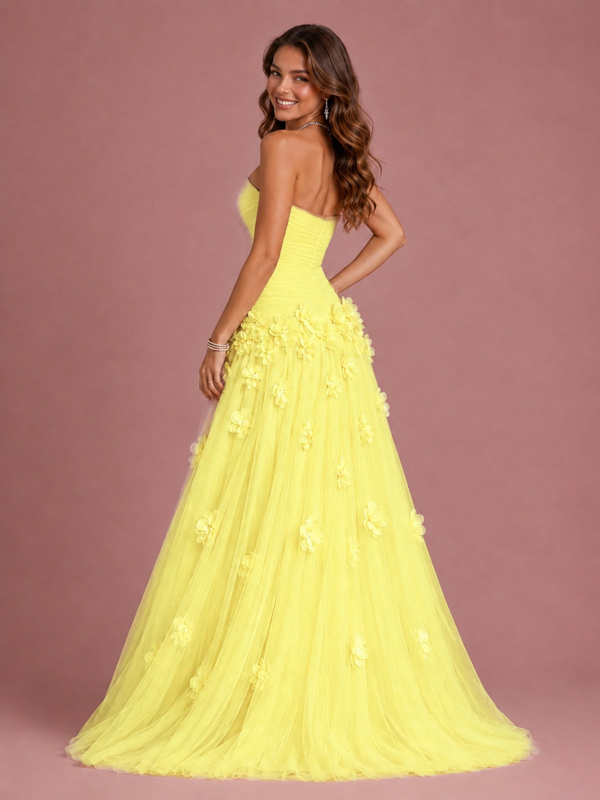 Blush Pink Strapless Sweetheart 3D Floral Tulle Ball Gown Prom Dres