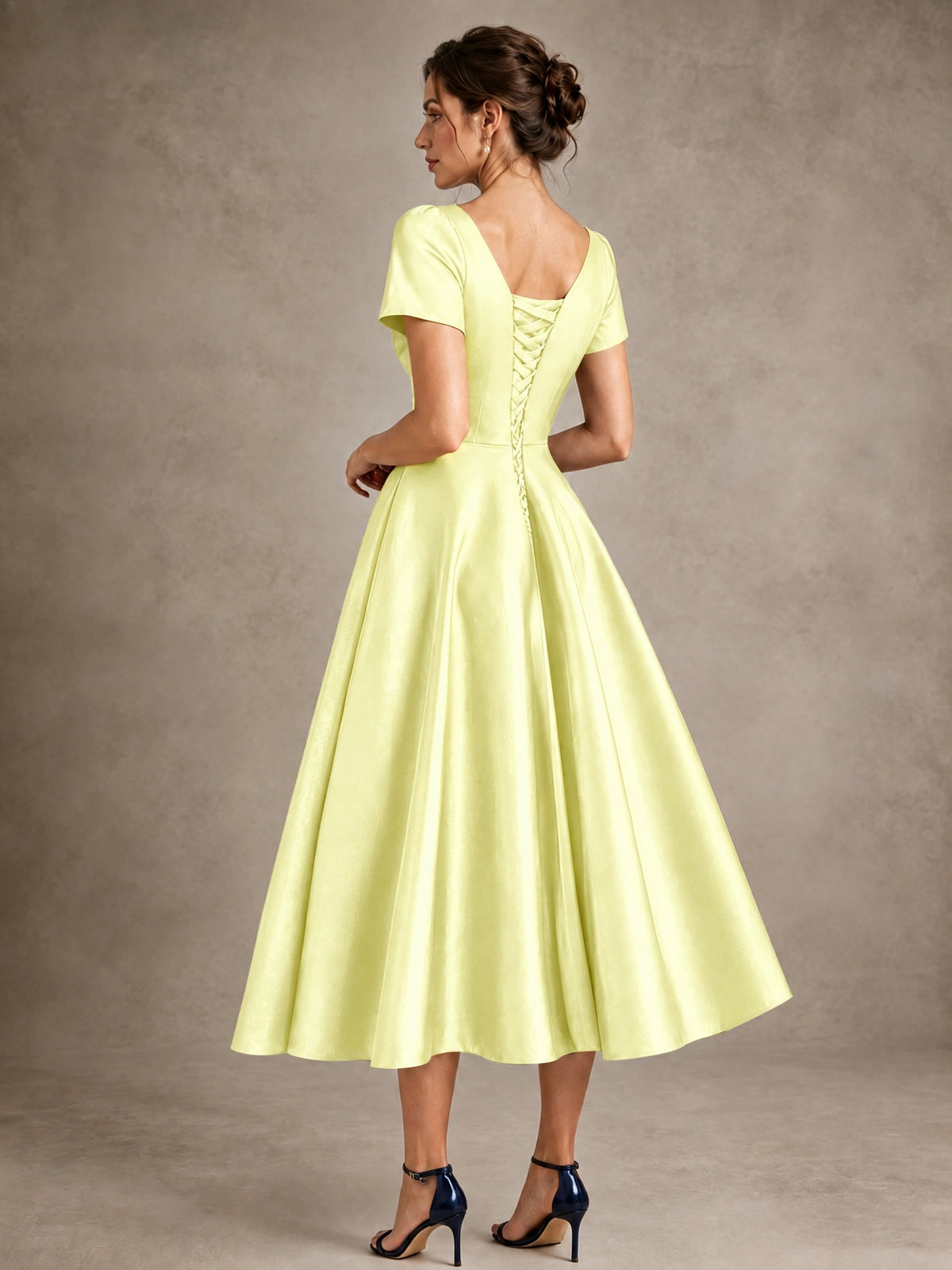 V-Neck Tea-Length Satin Mother of the Bride Dress with Bow
